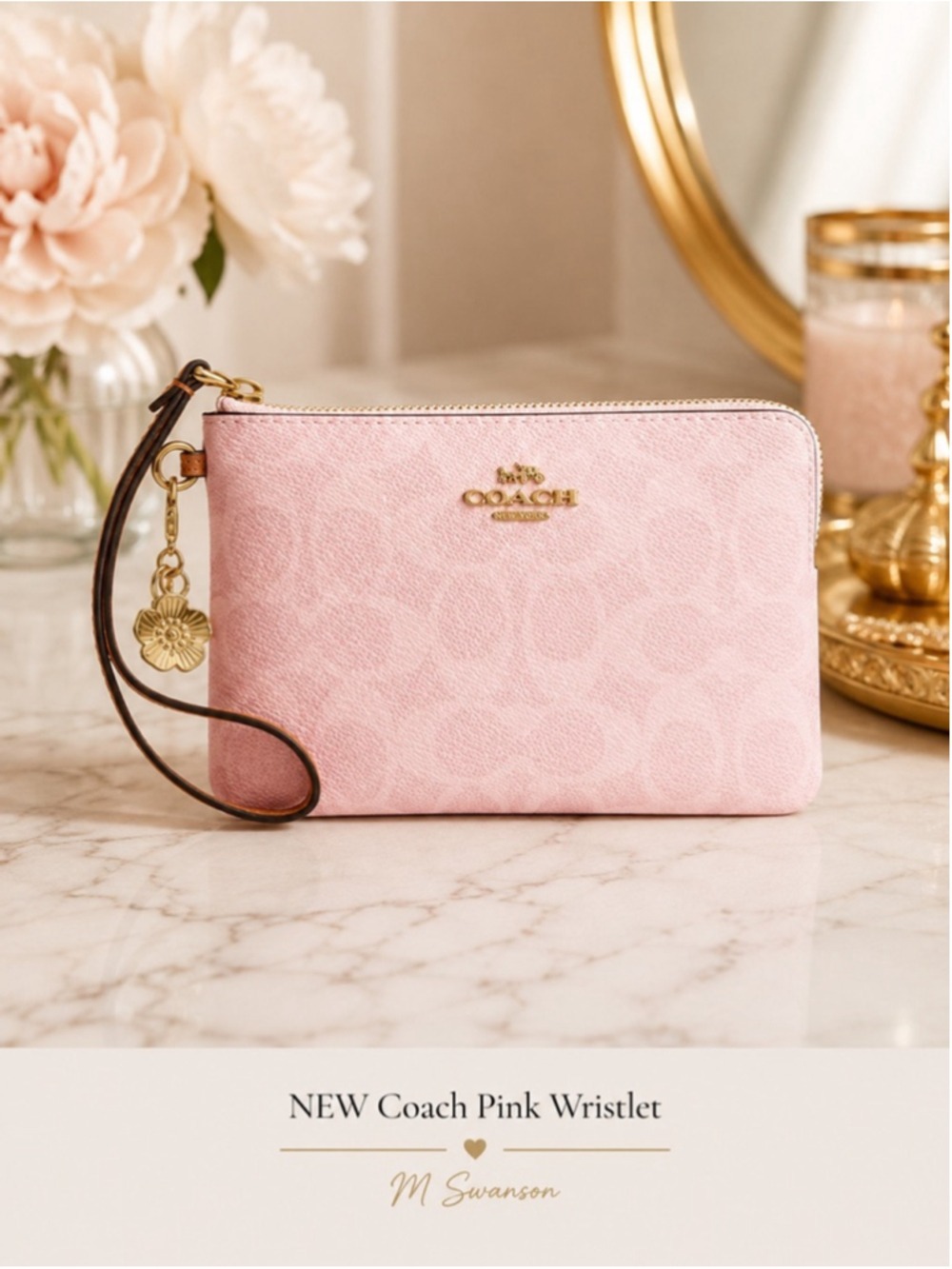 NEW Coach Corner Zip Wristlet In Powder Pink Signature Canvas With Charms NWT